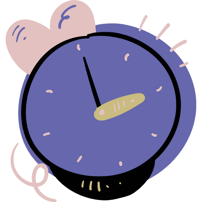 A whimsical cartoon illustration of a purple alarm clock with a pink heart shape on top, a spiral wire, and radiating lines.